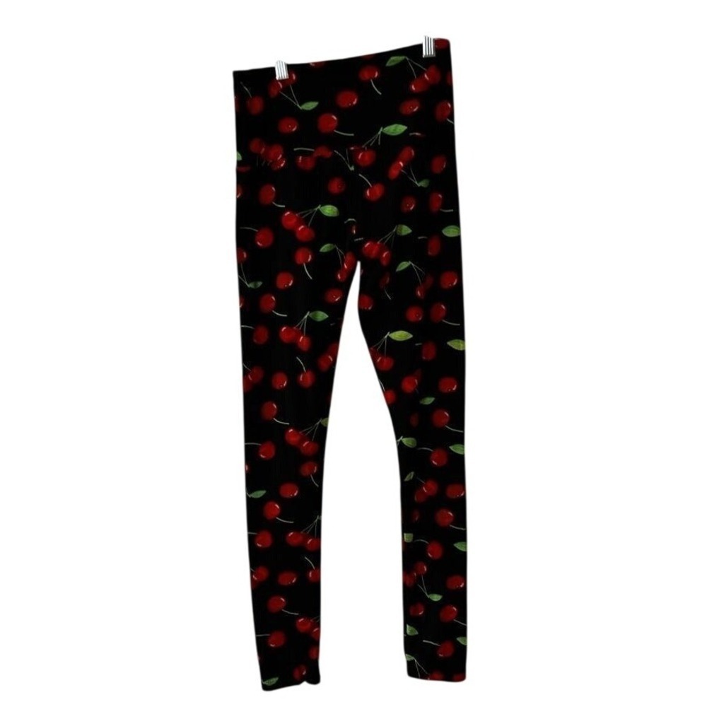 Leggings Depot Womens OS Black Red Cherry Print Ultra Soft High Waisted Leggings